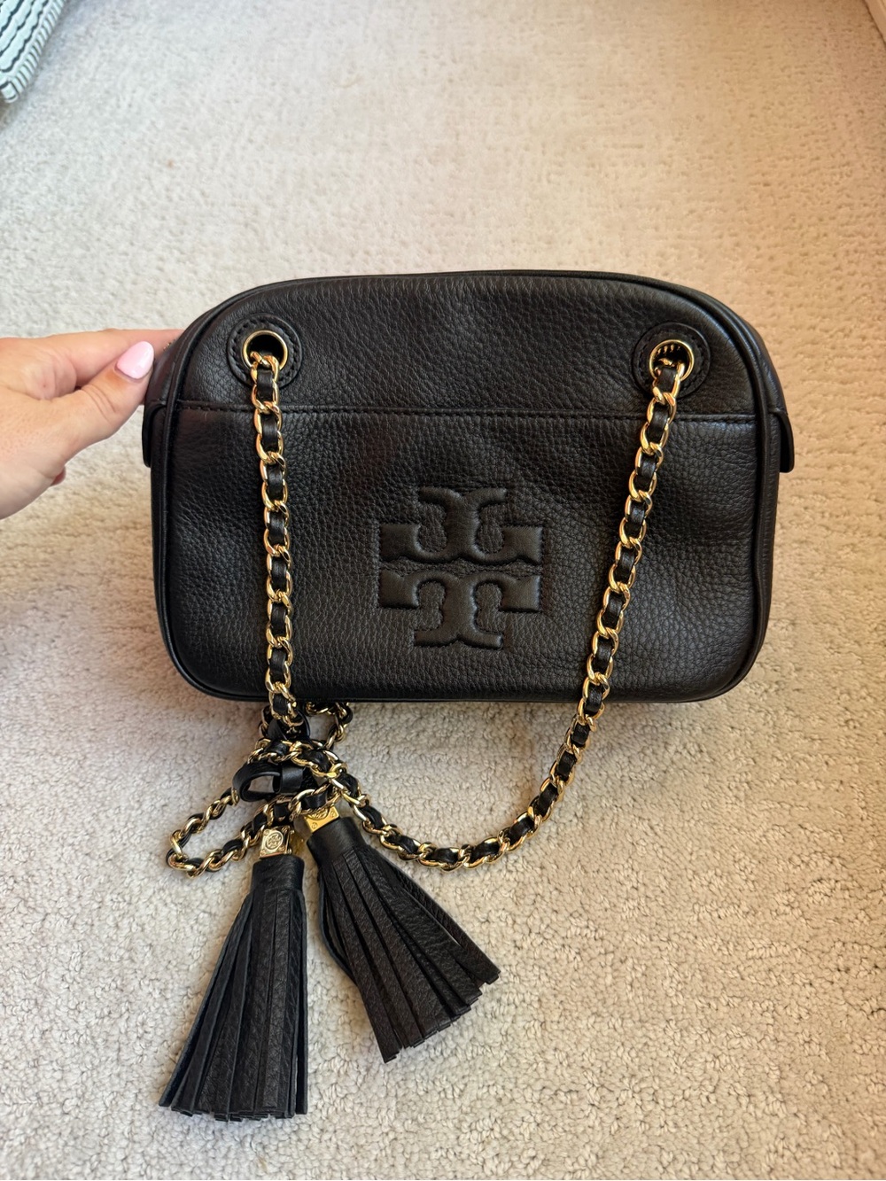Tory Burch Black Pebbled Leather Camera Bag with Gold Chain & Tassels